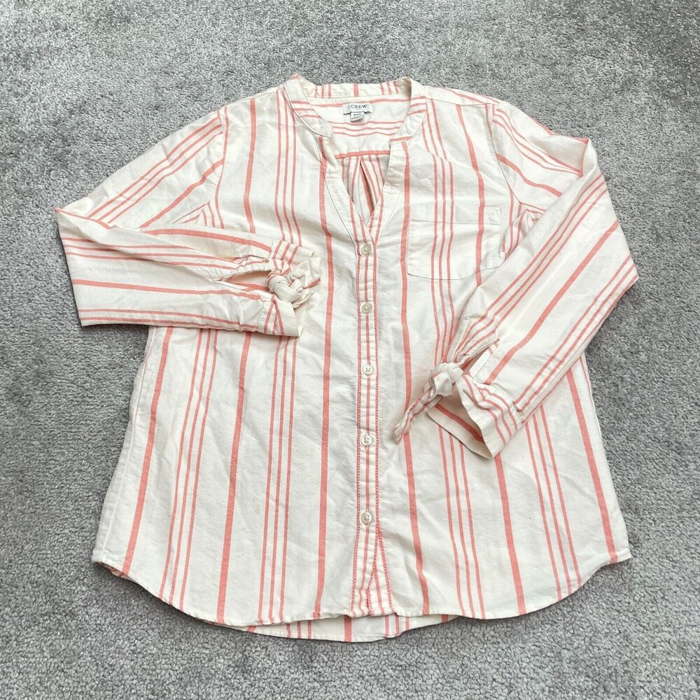 J.Crew Collarless Shirt Womens XXS Peach White Striped Long Sleeve Ties Casual